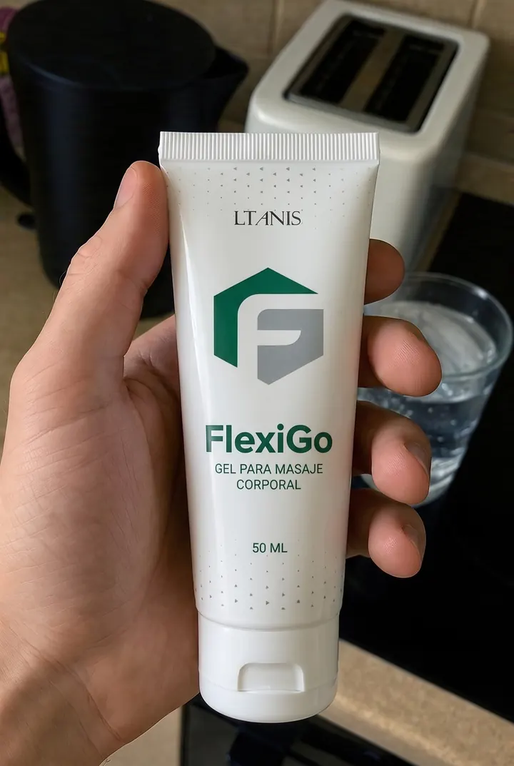 Tubo de FlexiGo en la mano, en la cocina de una casa